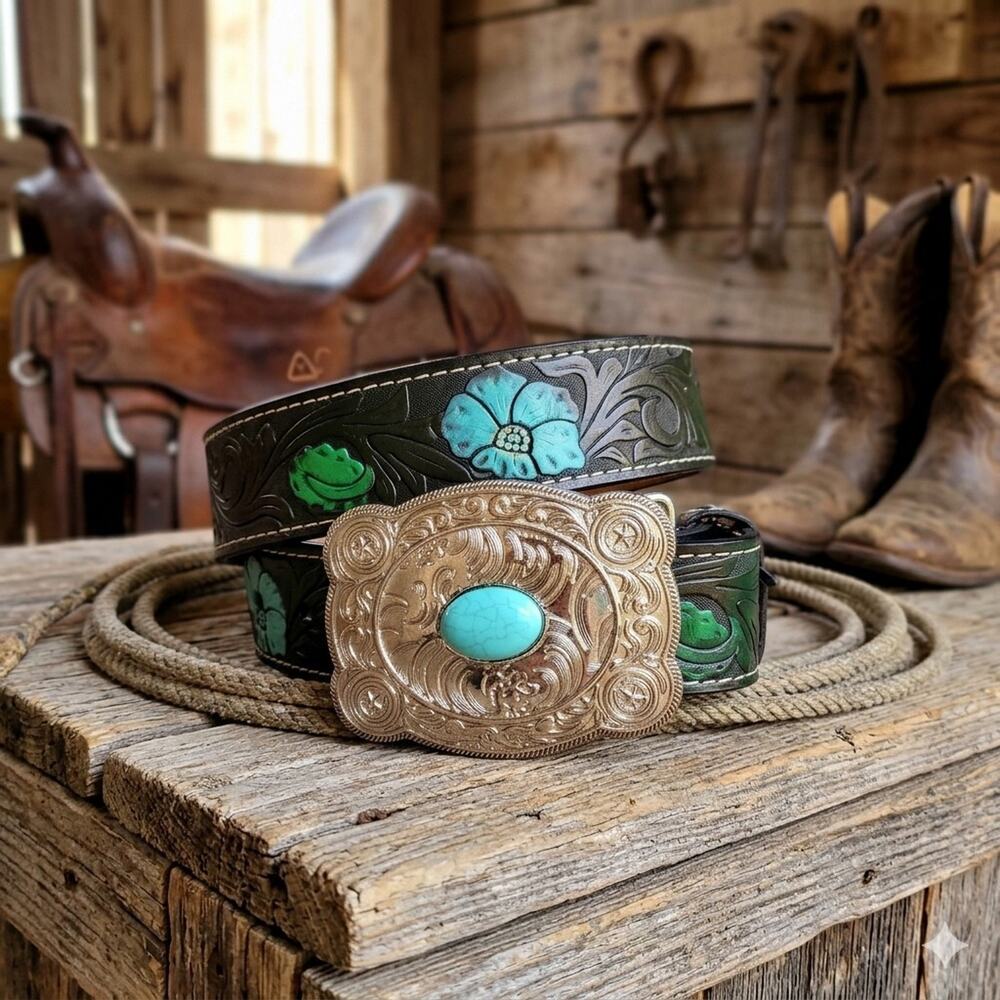 WOMEN'S WESTERN GENUINE LEATHER BELT, COWGIRL HANDCRAFTED WITH BUCKLE SIZE MEDIU